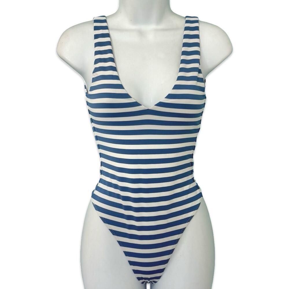 Babaton Contour Summer Blue White Stripe Wide Strap V-Neck Thong Bodysuit sz XS